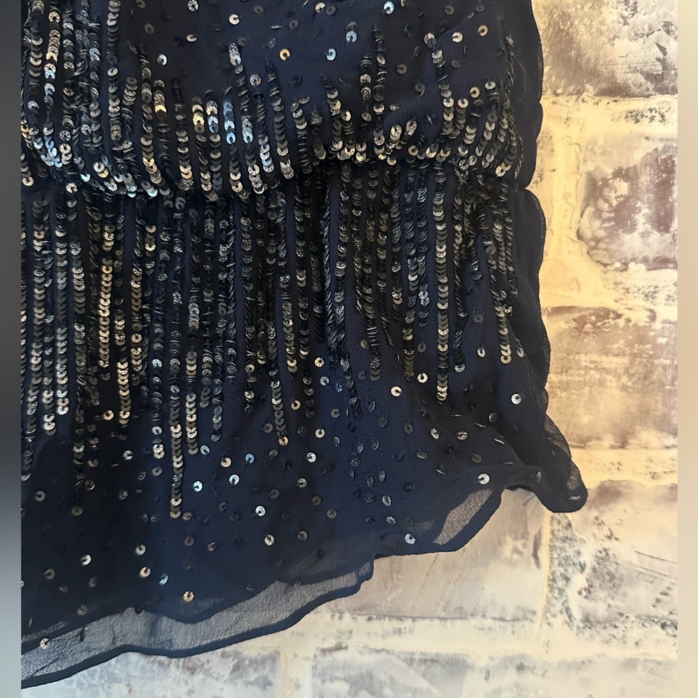 Ecru | Navy Blue Sequined Deep V Going Out Top - Picture 3 of 9